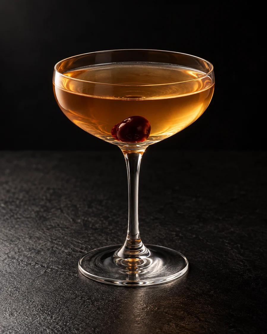 clear pale amber Metropole in a coupe with one cocktail cherry, no ice.