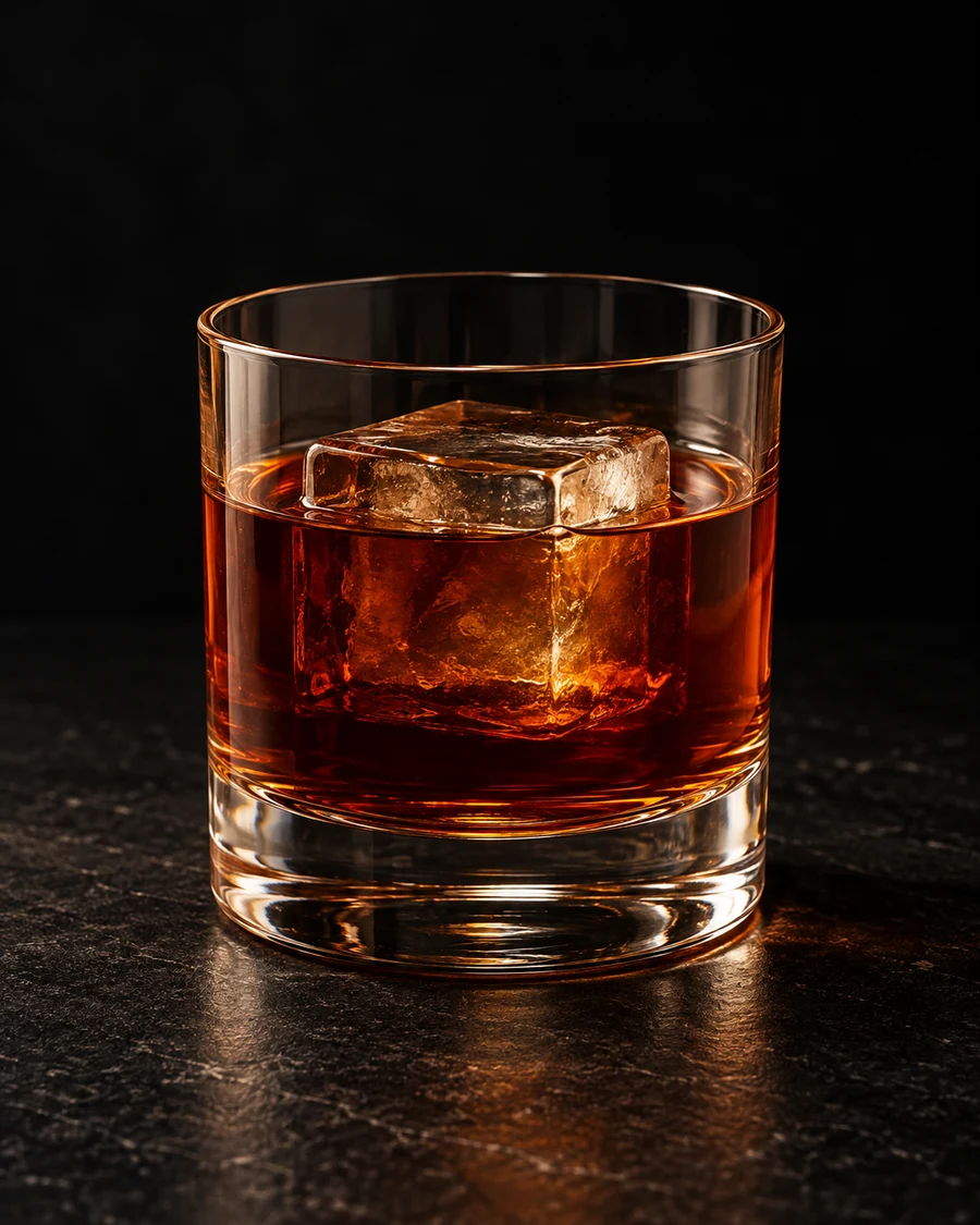 Mexico City Blues in a rocks glass, over one large ice cube, with no garnish, against a black background.