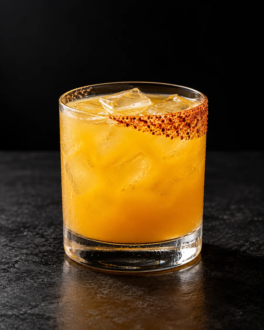 Opaque golden Mezcalita in a rocks glass over ice with a reddish chili-lime half-rim and no fruit garnish.