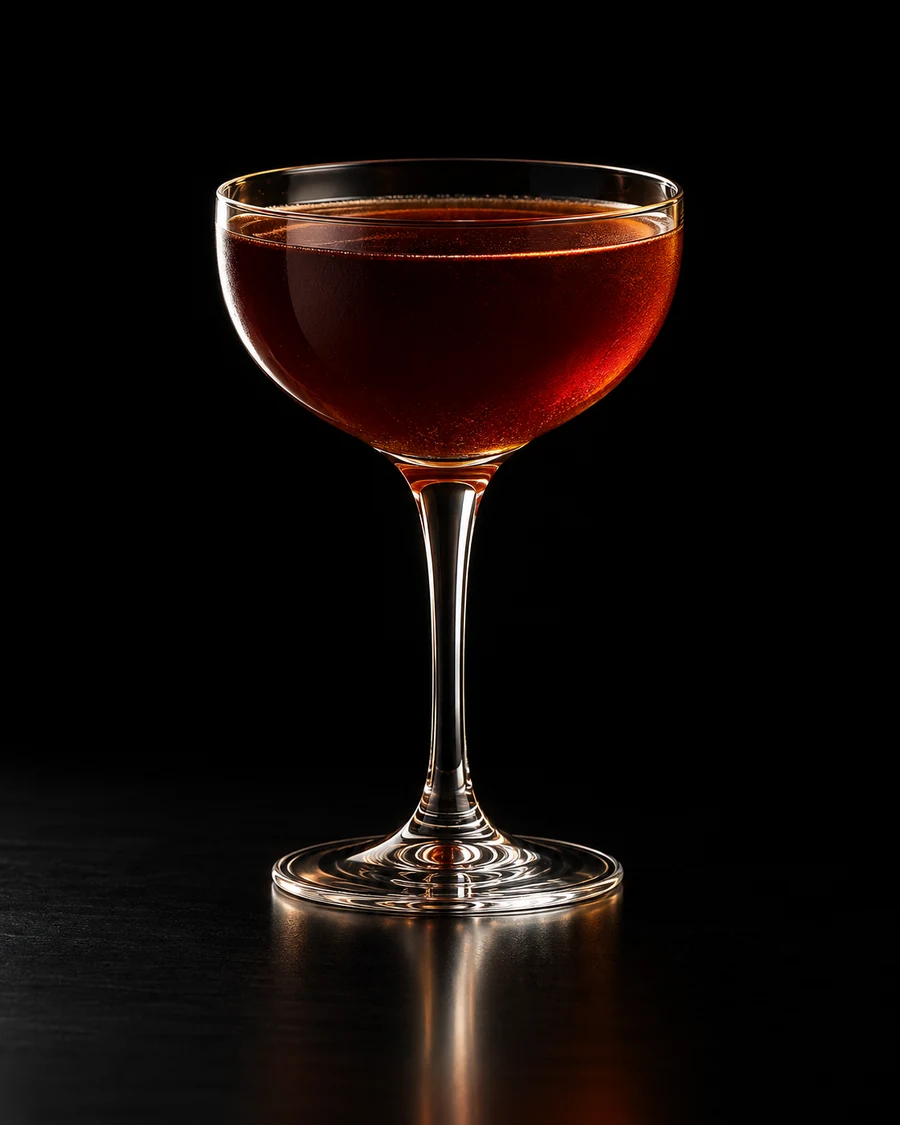 Midnight Marauder in a nick-and-nora, serve without ice, with no garnish, against a black background.