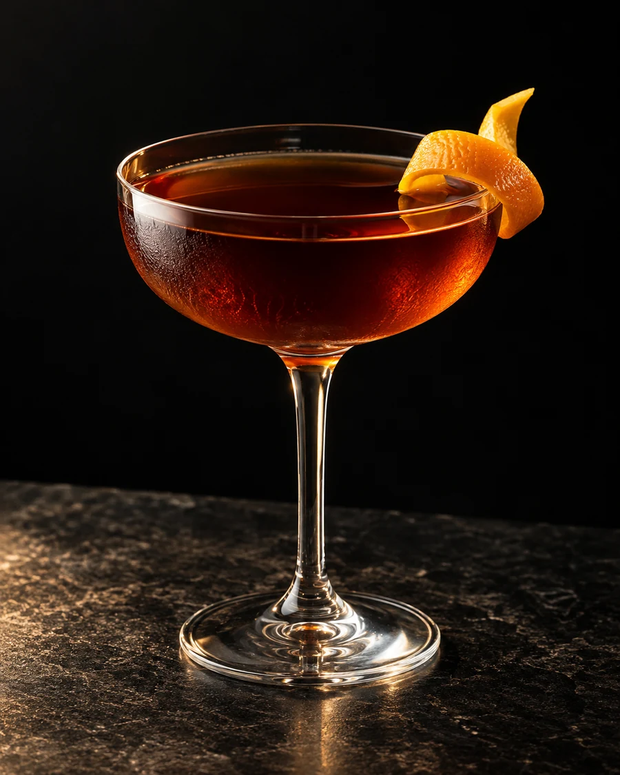 Midnight To Midnight: Dark brown drink in coupe, orange twist and no ice.