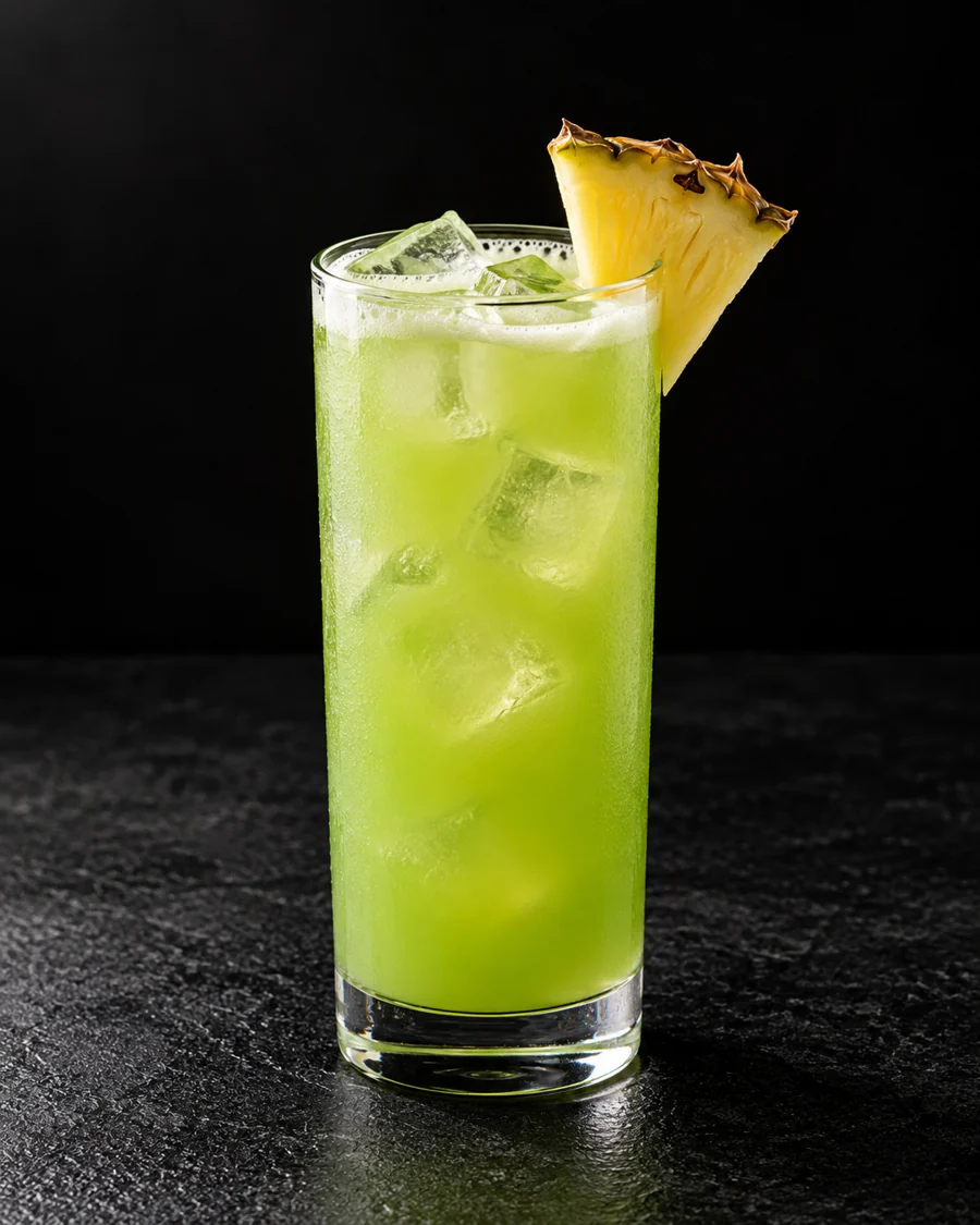 Cloudy bright green Midori Illusion in a highball over ice, with a pineapple wedge.