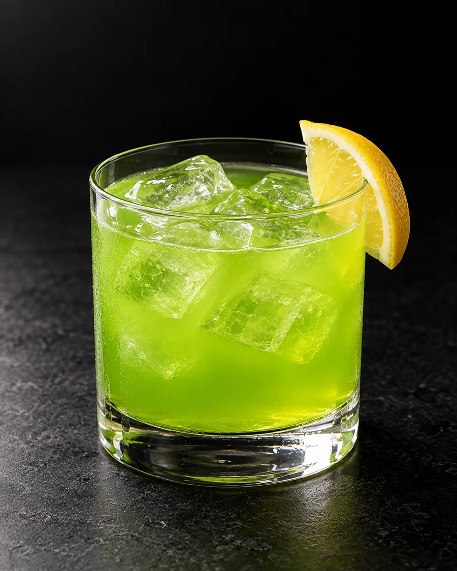 Vivid green Midori Sour in a rocks glass over ice with a lemon wedge.