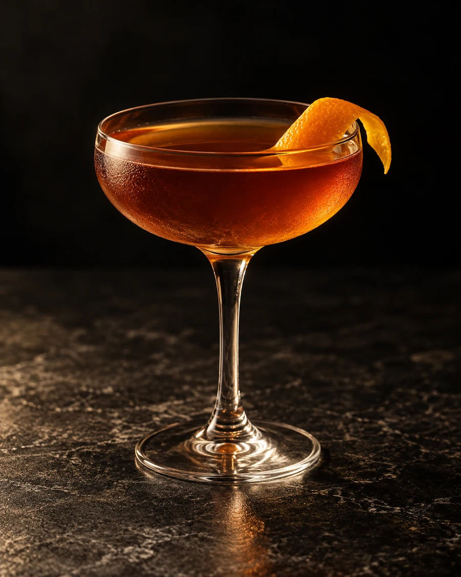Miles To Go Before I Sleep: clear amber-brown cocktail in a chilled stemmed coupe, served without ice with a curled orange twist.
