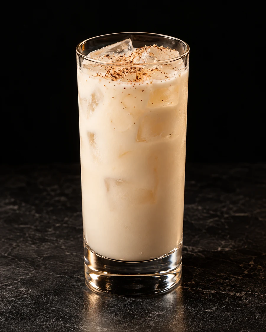 Milk Punch in a highball glass, with ice cubes, garnished with freshly grated nutmeg, against a black background.