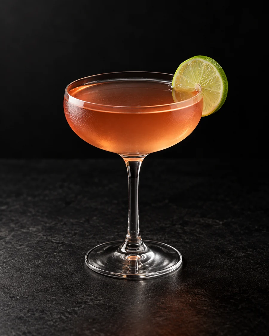 Rose-amber Millionaire No. 1 in a coupe with lime wheel, no ice.