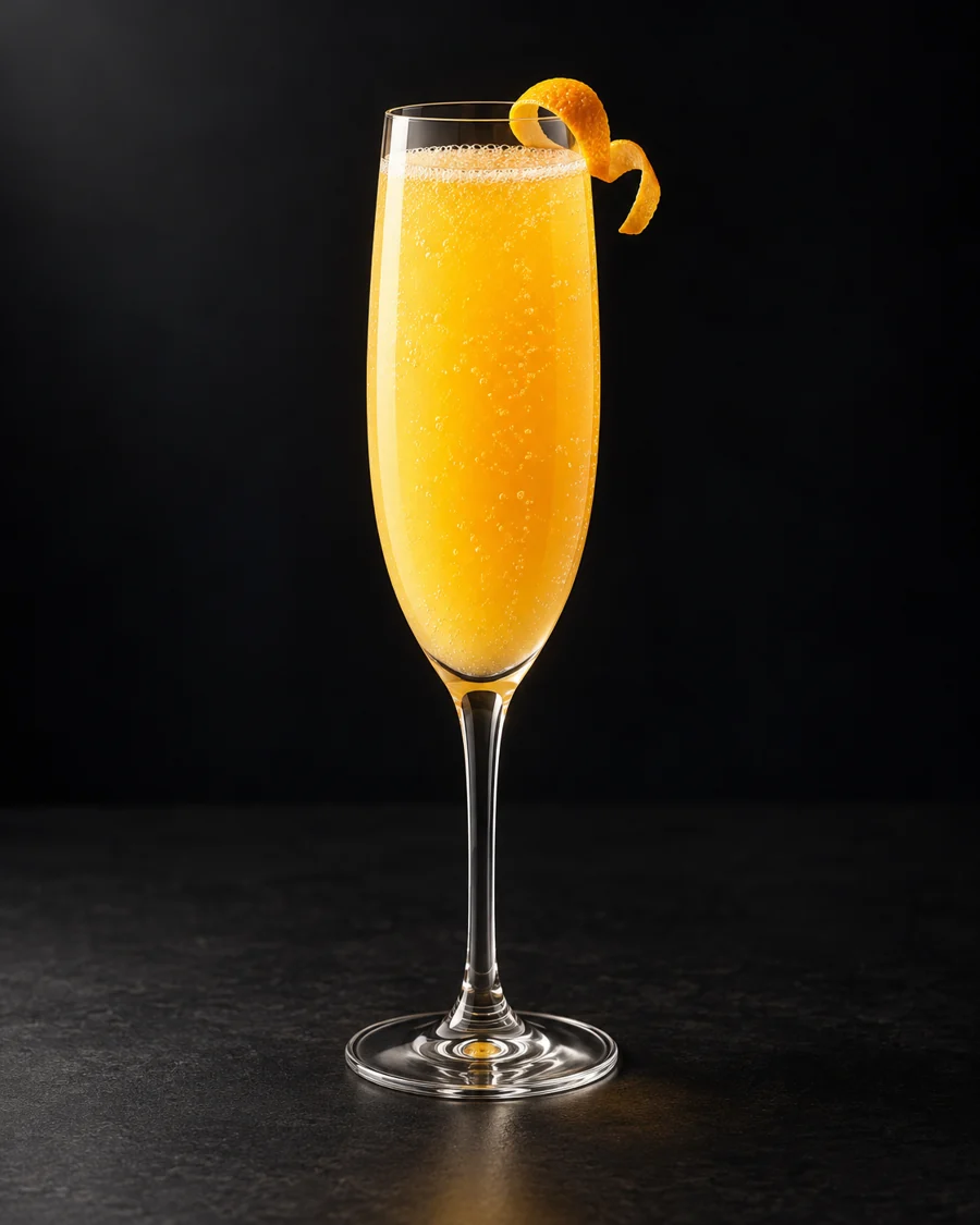 Mimosa served in a flute glass with an orange twist against a black background.