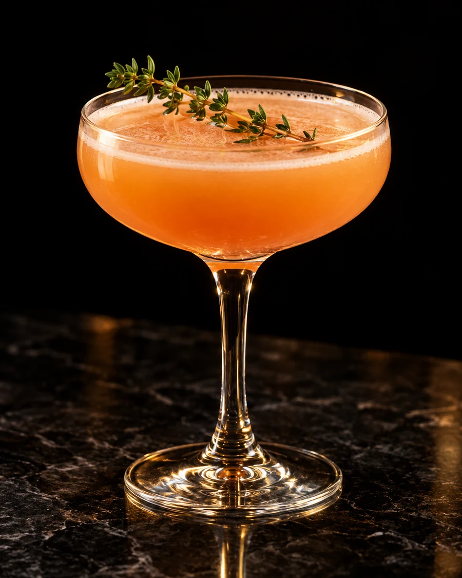Minerva's Last Hour. Coupe glass with an orange blood-orange gin drink, thin natural froth, no ice and a fresh thyme sprig.