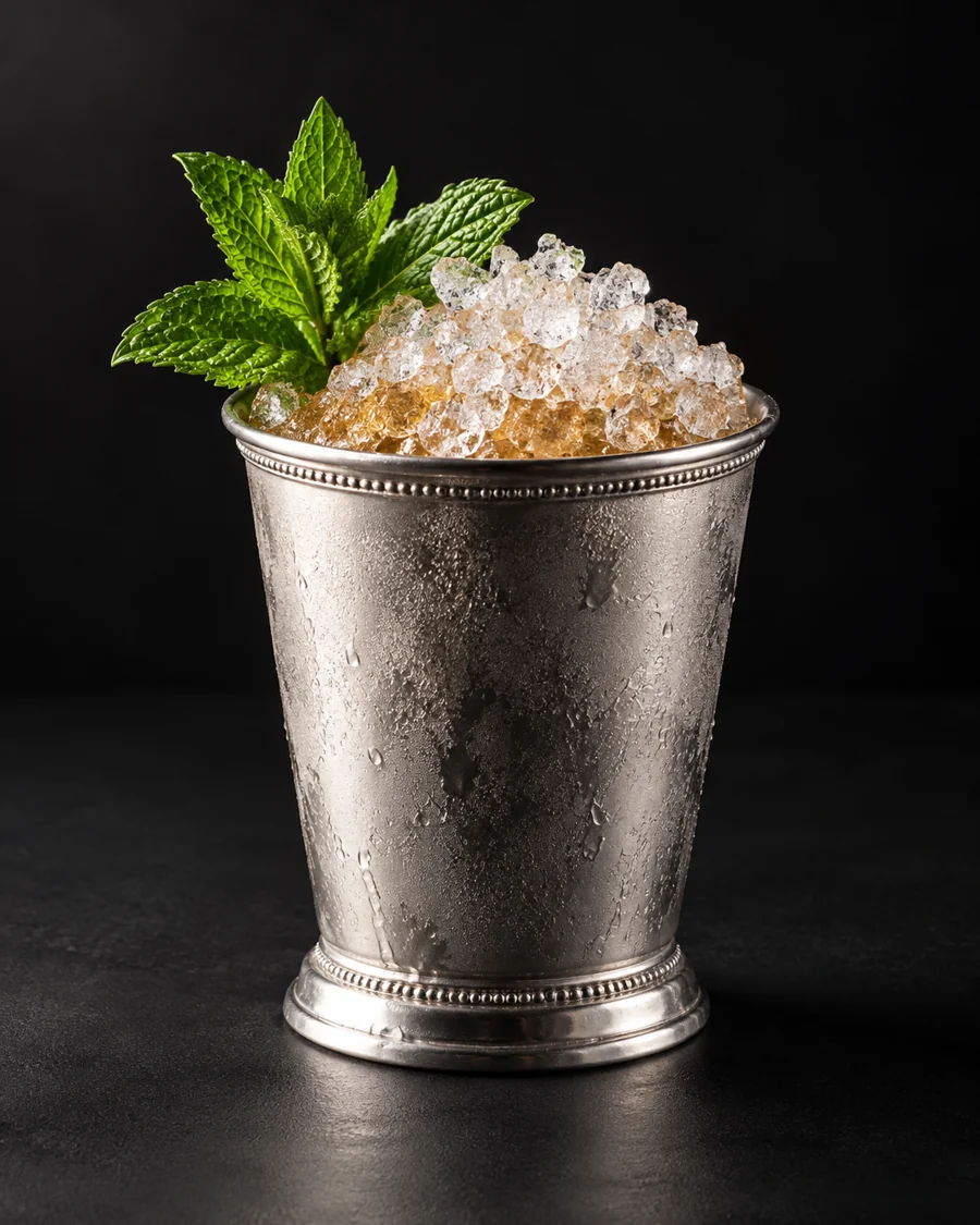 Mint Julep served in a mug glass with a mint sprig against a black background.
