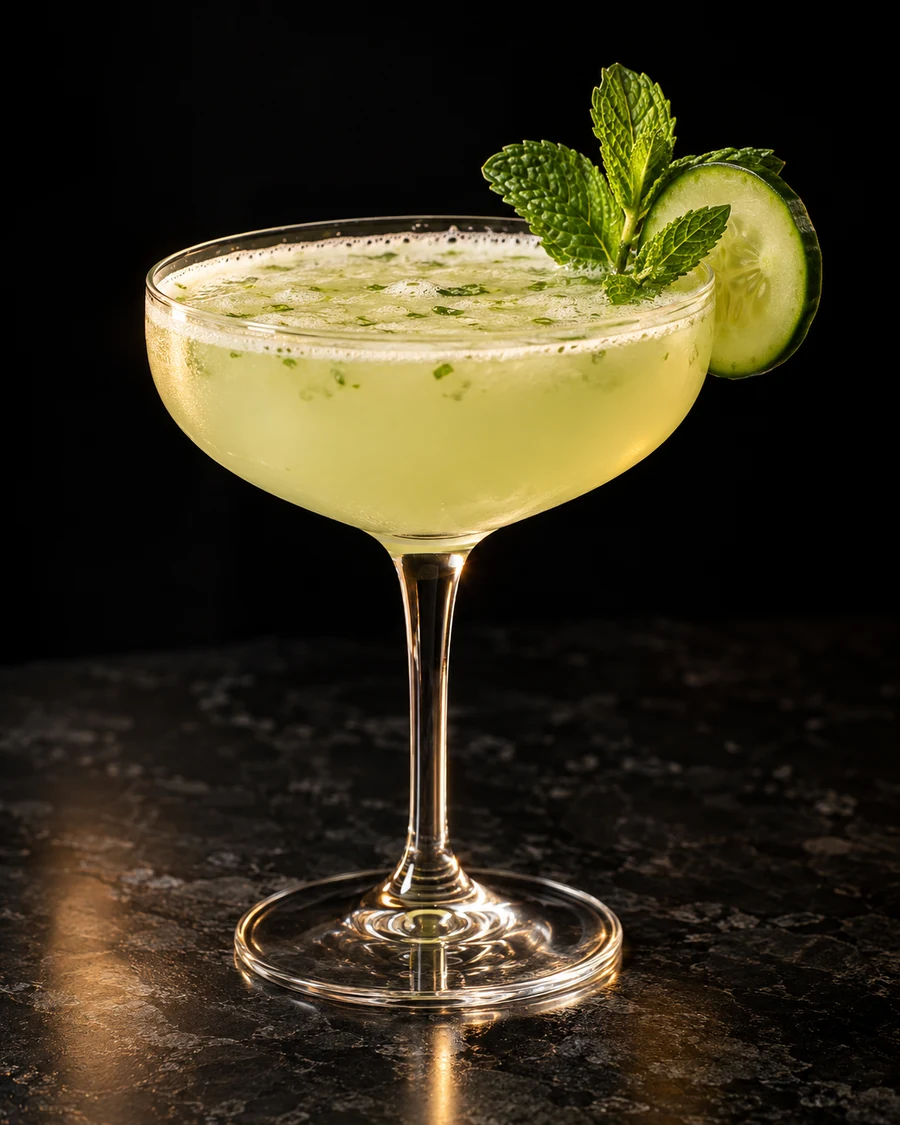Minted Kyuri. Coupe without serving ice, pale green-yellow drink with muddled herb flecks, mint sprig and cucumber wheel.
