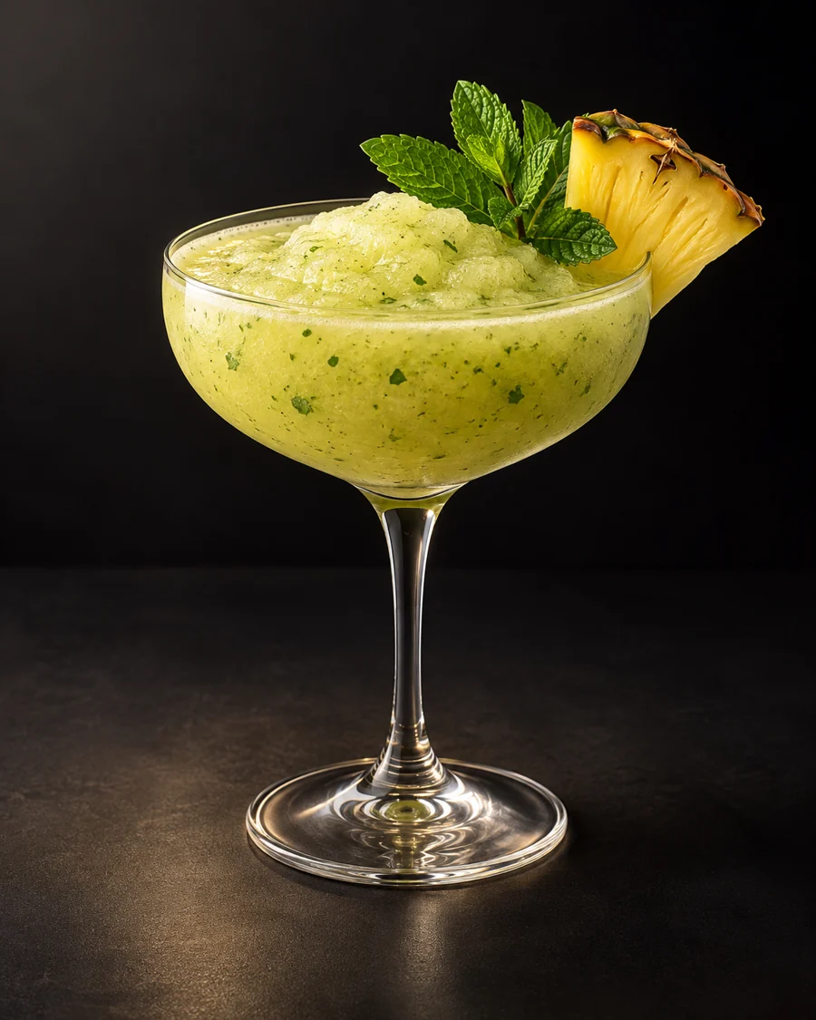 Missionary's Downfall served in a coupe glass with a mint sprig and pineapple slice against a black background.