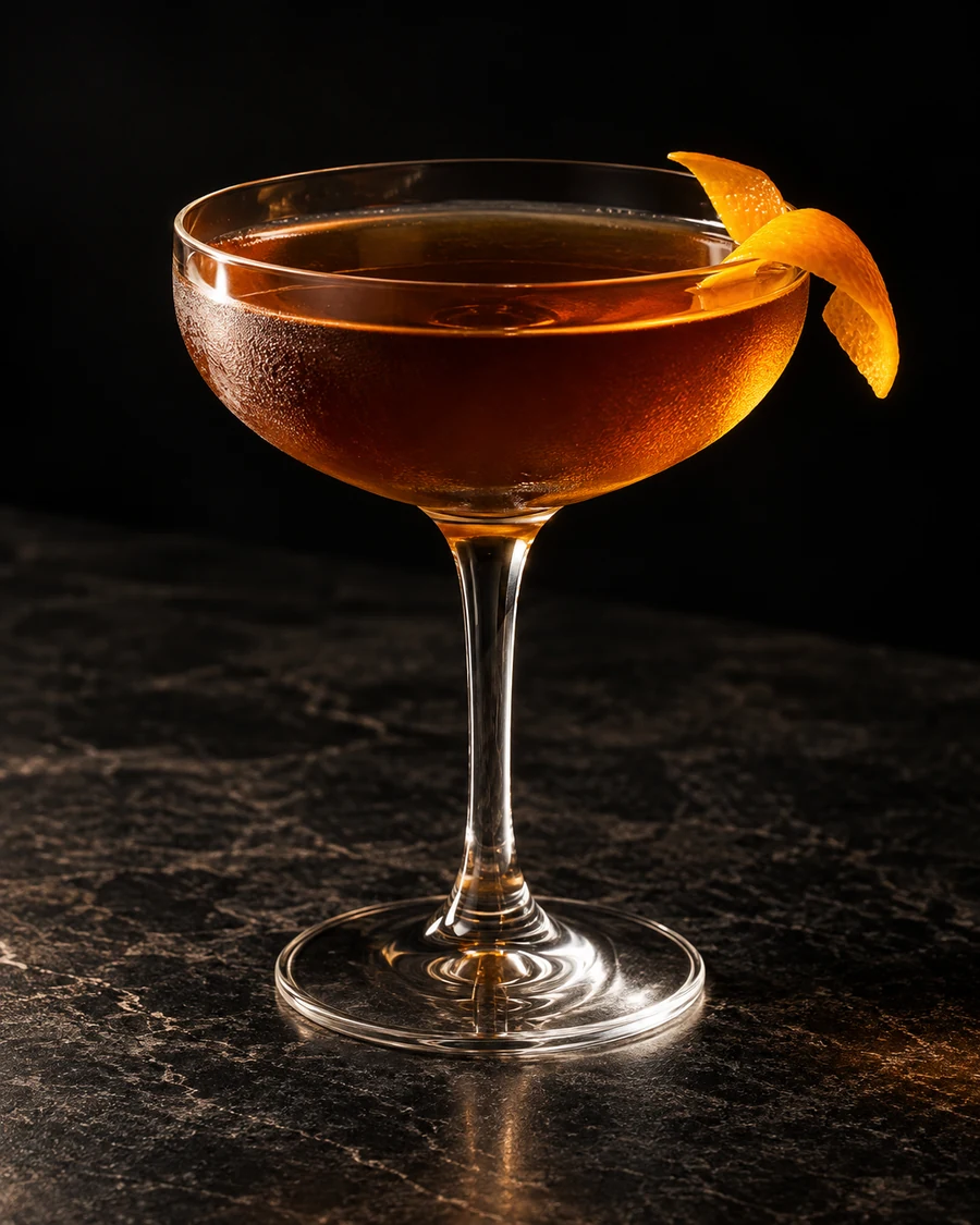 Mockingbird, Wish Me Luck: Amber-brown drink in a coupe, orange twist and no serving ice.