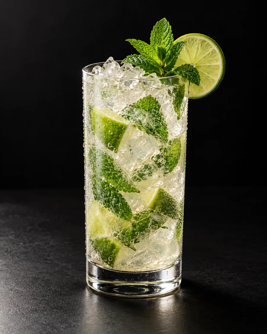 a pale Mojito in a highball glass with crushed ice, lime and fresh mint against a black background.