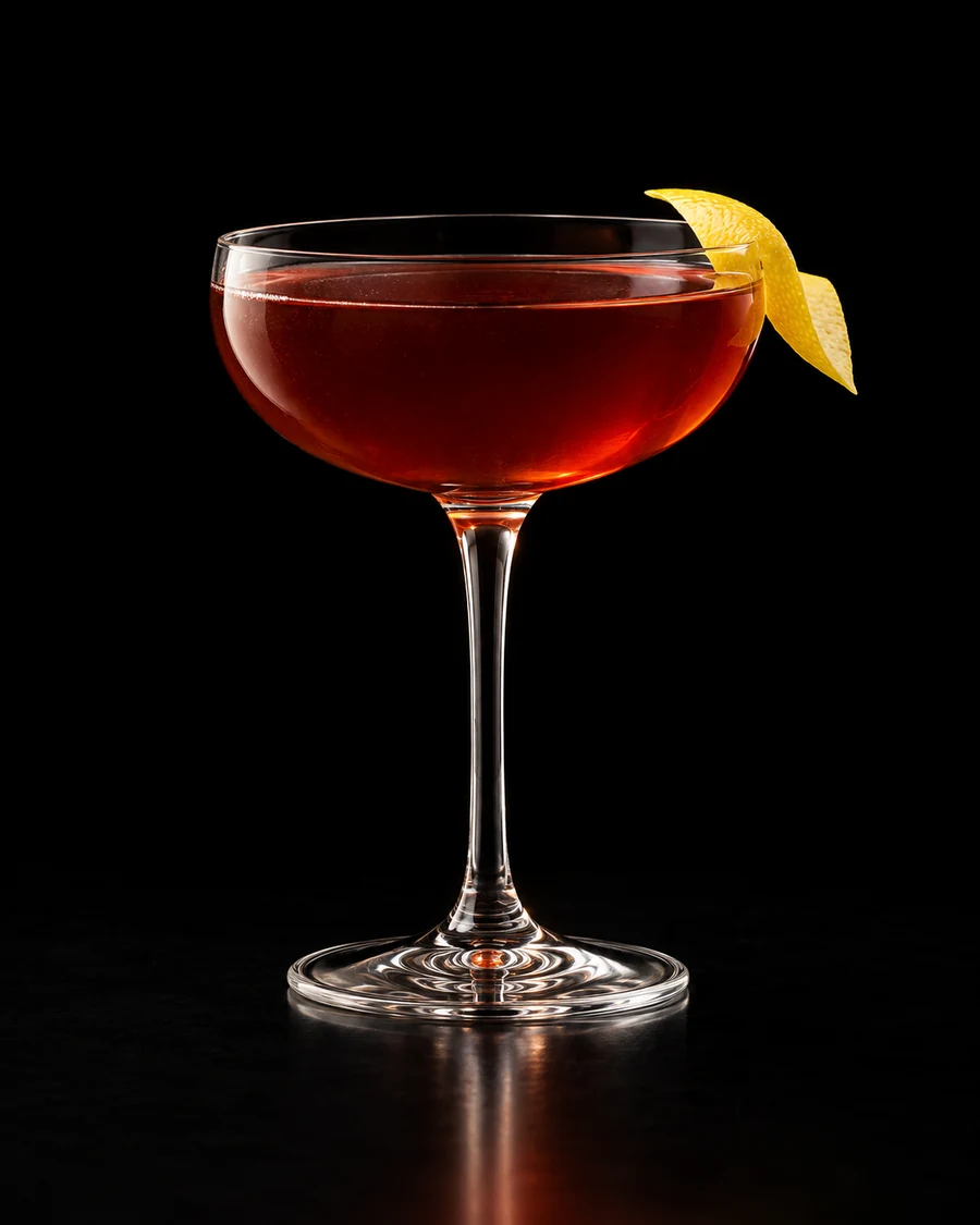 Moll Cocktail in a coupe, serve without ice, with lemon peel, against a black background.