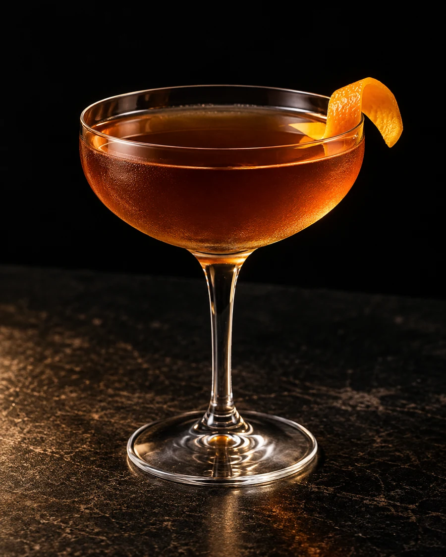 Monkey Business: Amber-brown drink in coupe, orange twist and no ice.