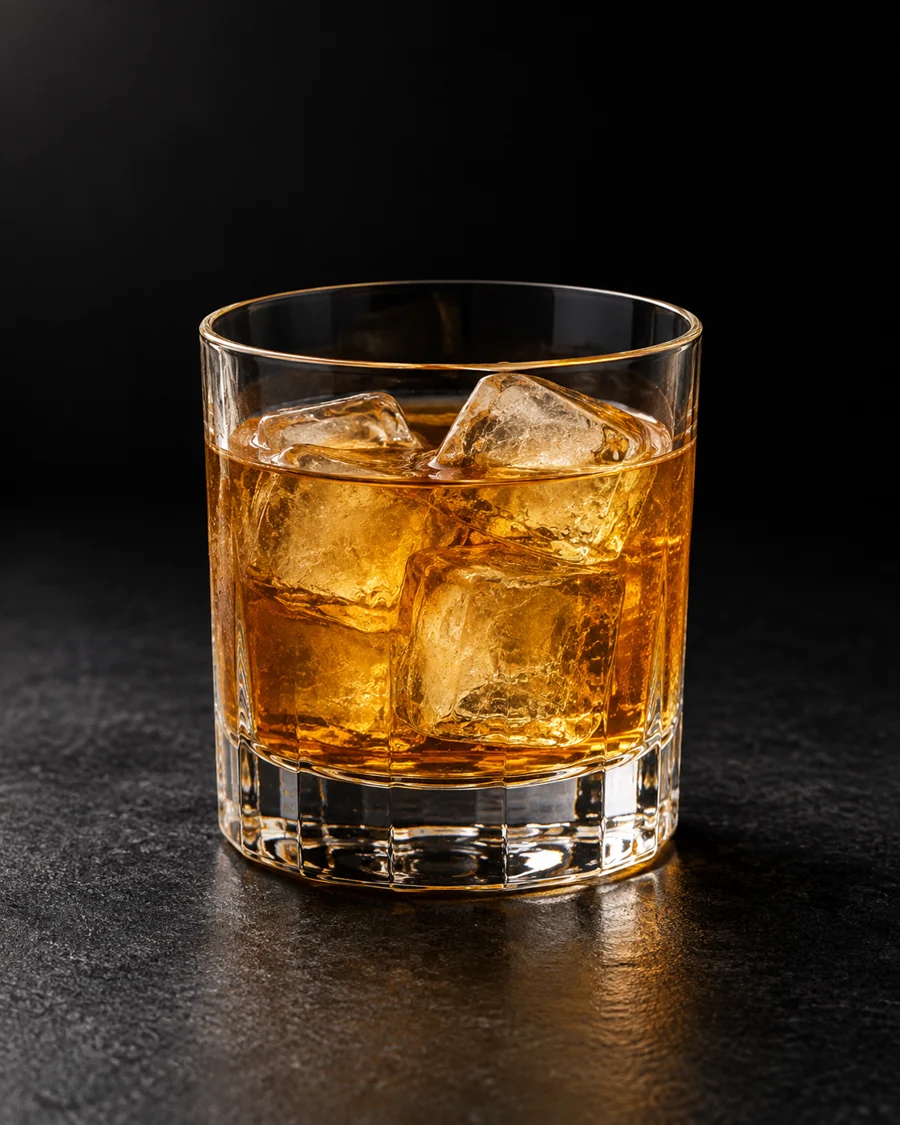 Clear golden amber cocktail in a rocks glass over cubed ice, no garnish.