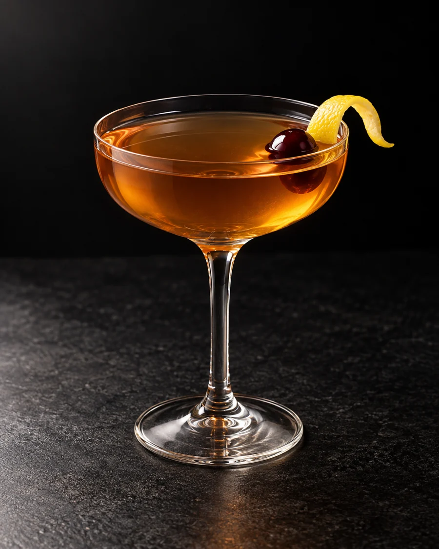 clear golden-amber Morning Cocktail in a coupe with cherry and lemon twist, no ice.