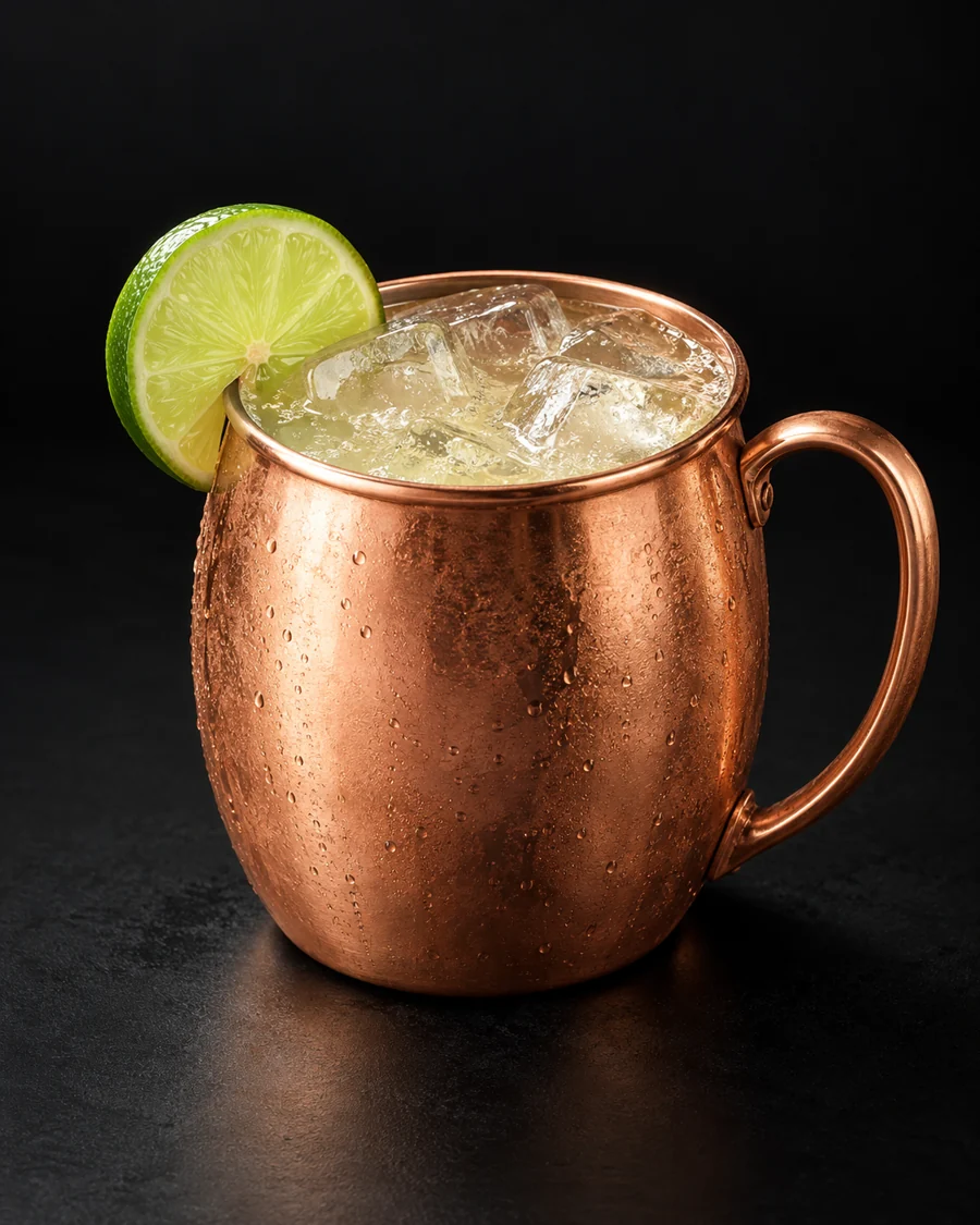Moscow Mule served in a mug glass with a lime slice against a black background.