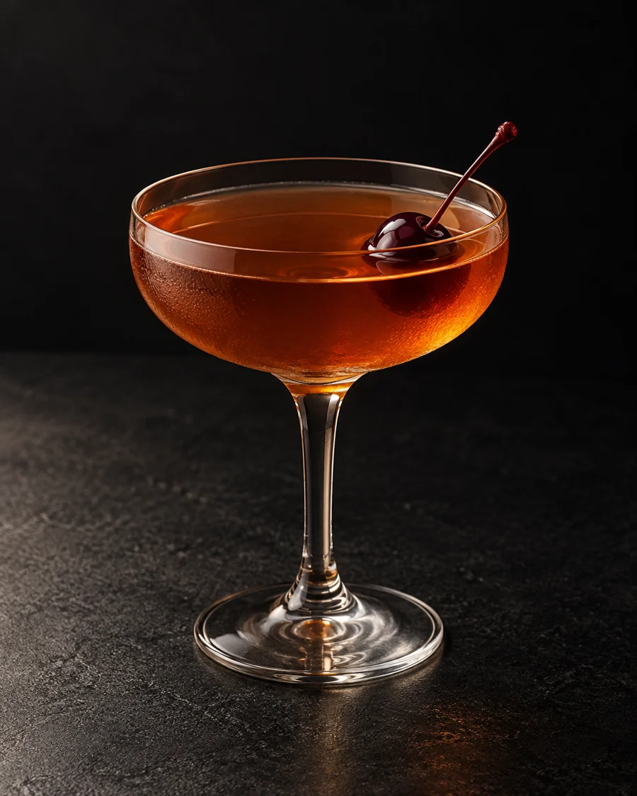 clear amber Mother-in-Law in a small coupe with cherry, no ice.