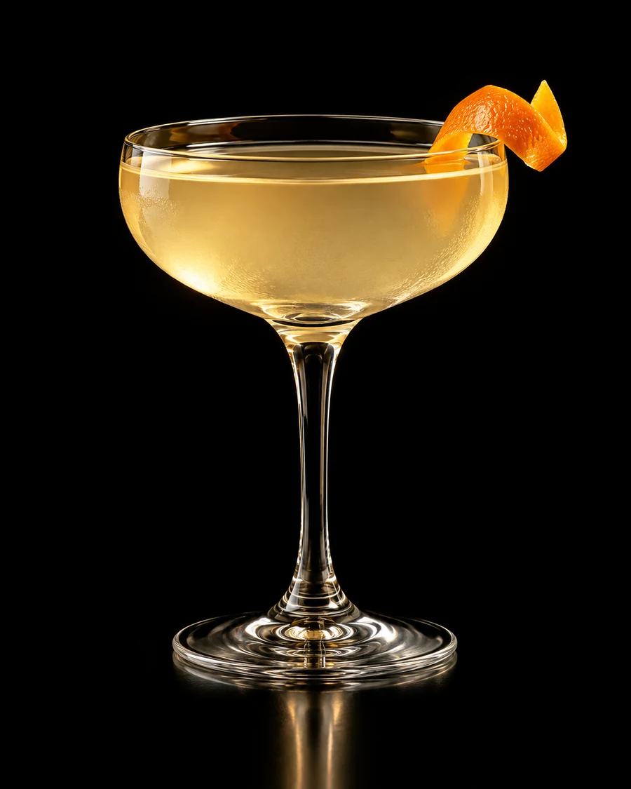 Mount Pelee: Pale golden cocktail in a clear coupe with a curled orange twist, served without ice against a black background.