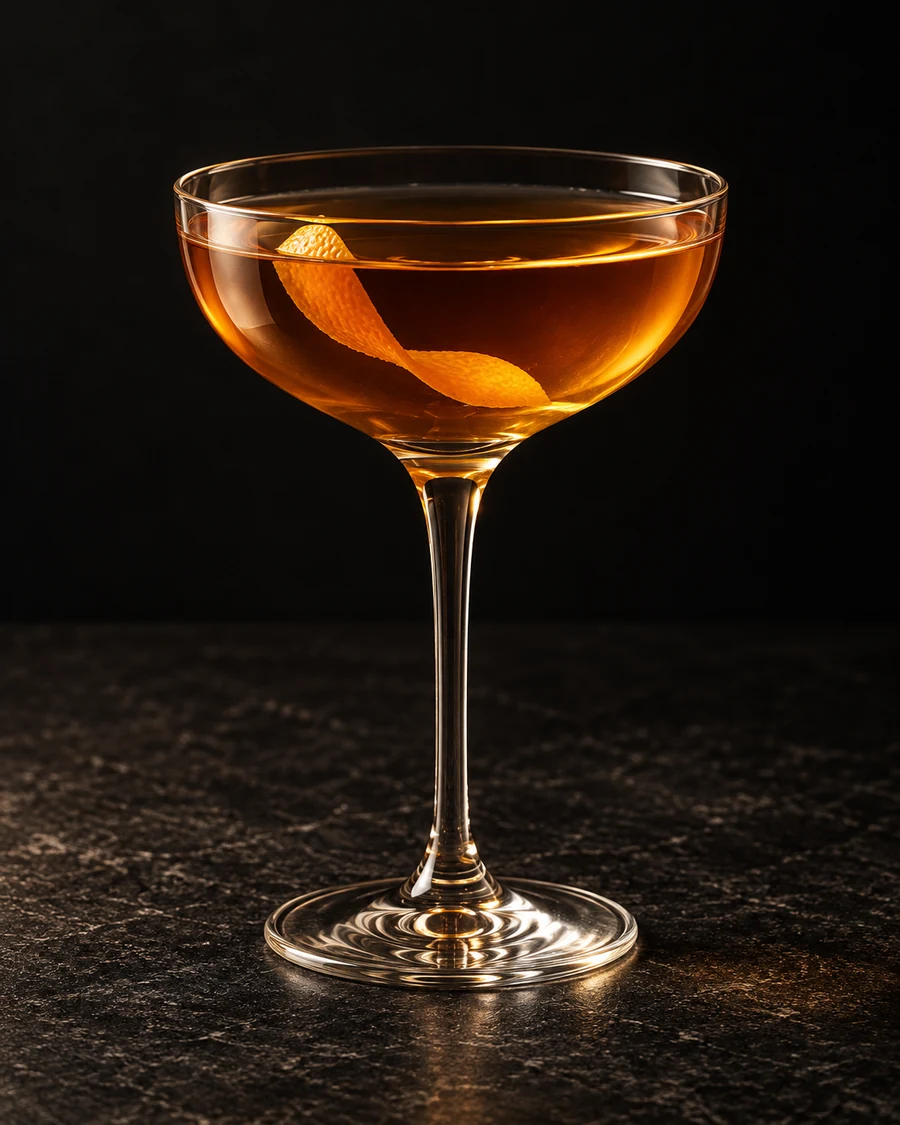 Mountebank in a chilled coupe, served without ice, with orange twist, against a black background.