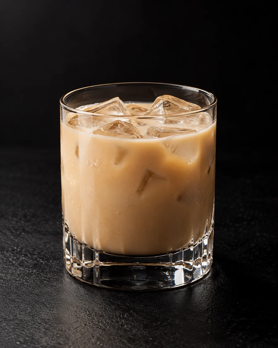 Opaque pale coffee-brown Mudslide in a rocks glass over fresh ice, without garnish.