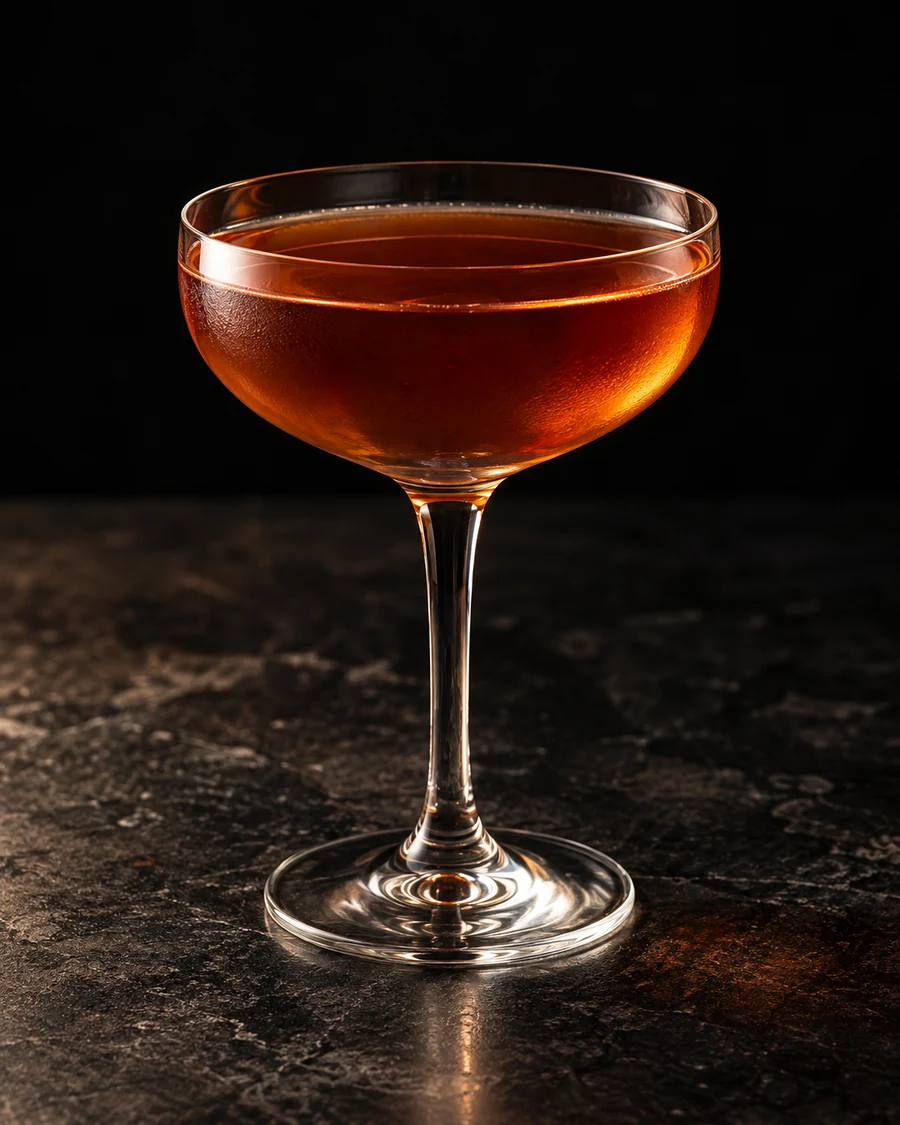 Mulberry Bend: Clear deep amber cocktail in a stemmed coupe, served without ice or visible garnish.