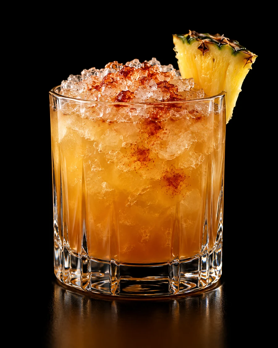 Mytoi Gardens: Golden-amber cocktail over crushed ice in a rocks glass with a pineapple wedge and dark aromatic bitters across the ice against a black background.