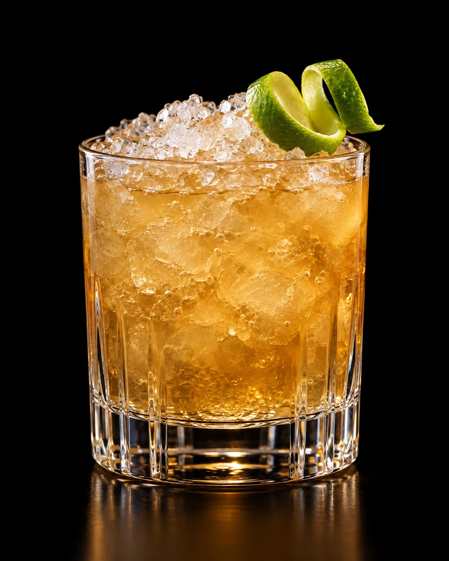 Navigator: Golden-amber cocktail over crushed ice in a rocks glass with a curled lime twist against a black background.