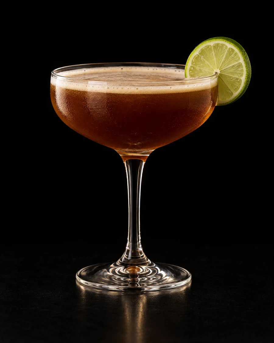 Navy Cross in a coupe, serve without ice, with lime wheel, against a black background.