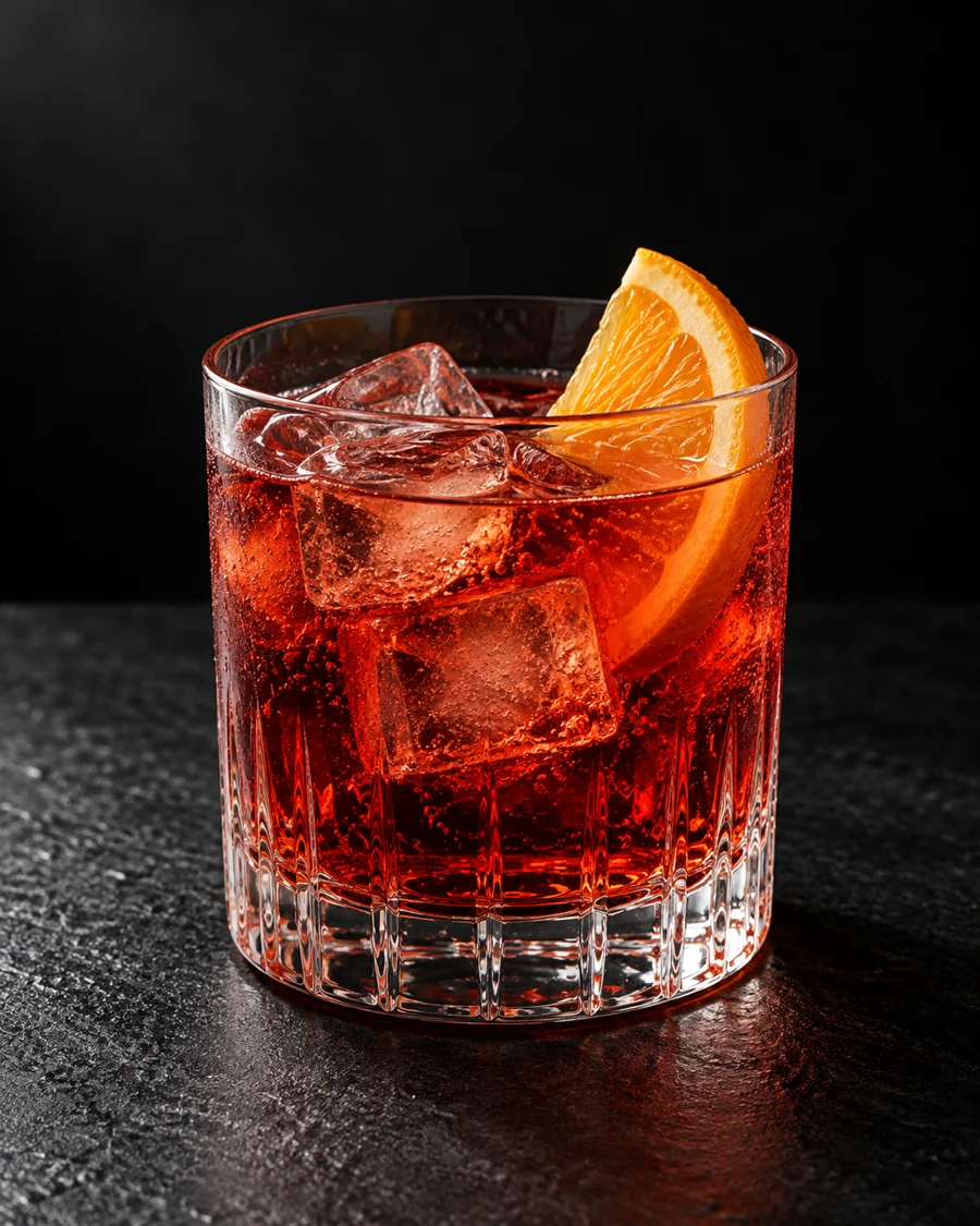 Ruby-red Negroni Sbagliato in a rocks glass with ice cubes, subtle bubbles and an orange slice.