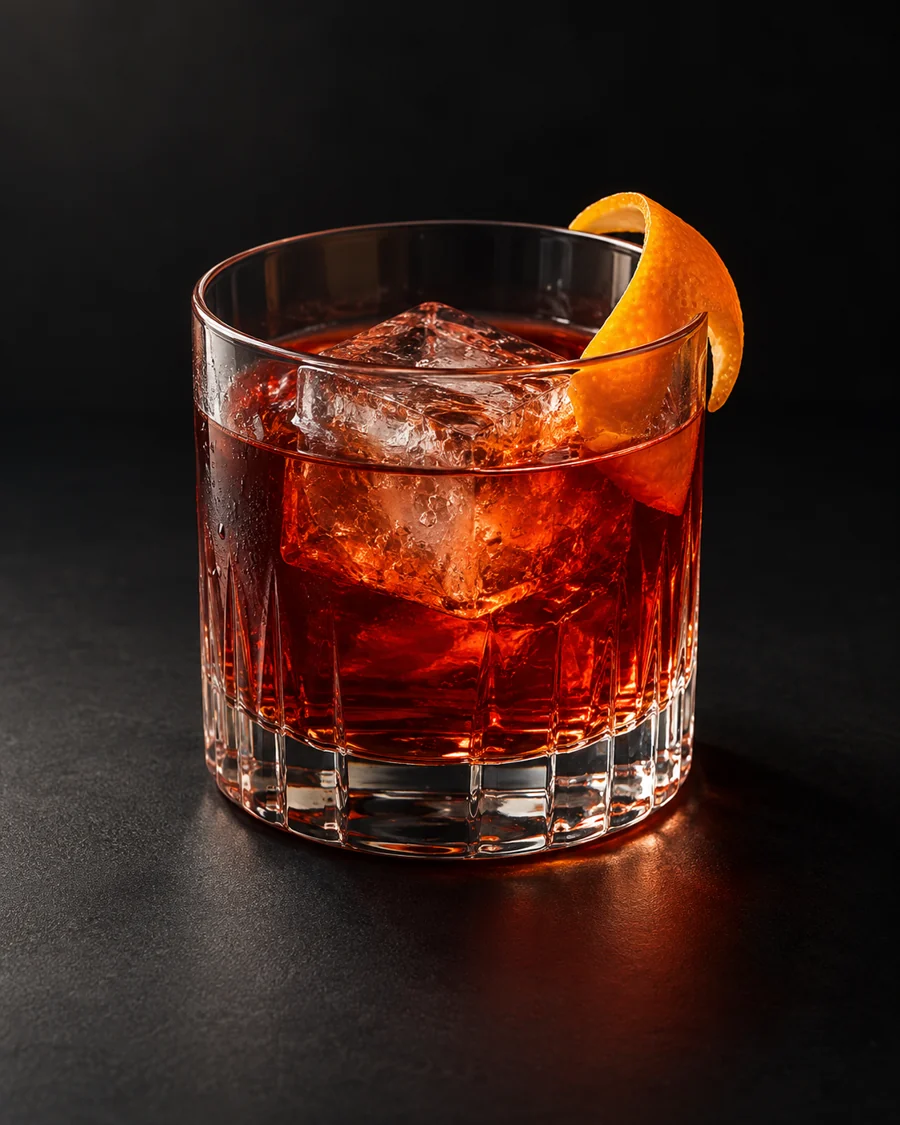 a ruby-amber Negroni in a rocks glass with a large ice cube and orange peel against a black background.