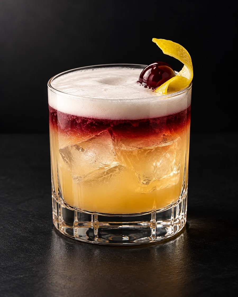 New York Sour served in a rocks glass with a lemon twist and cocktail cherry against a black background.