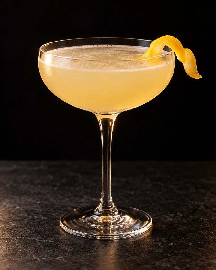Nicky Finn in a coupe glass, without ice, garnished with lemon twist, against a black background.