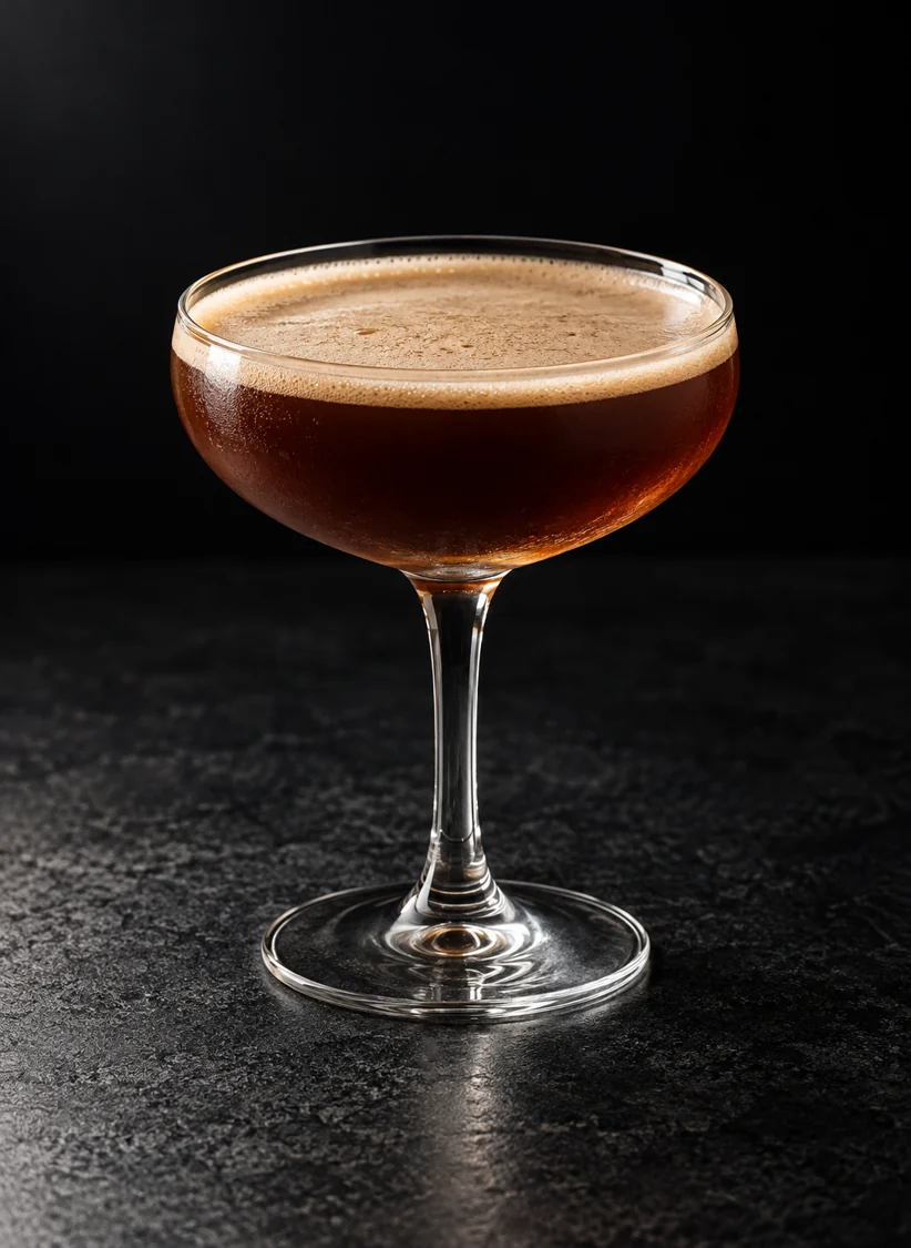dark brown Nightwatch with slight shaken froth in a coupe without ice or garnish.