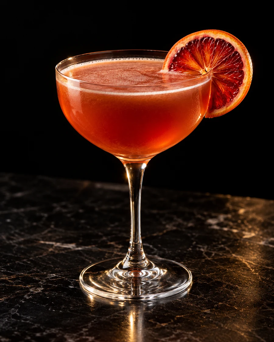 Nine Dragons. Nick & Nora glass without serving ice, reddish amber citrus/herbal body and blood orange wheel.