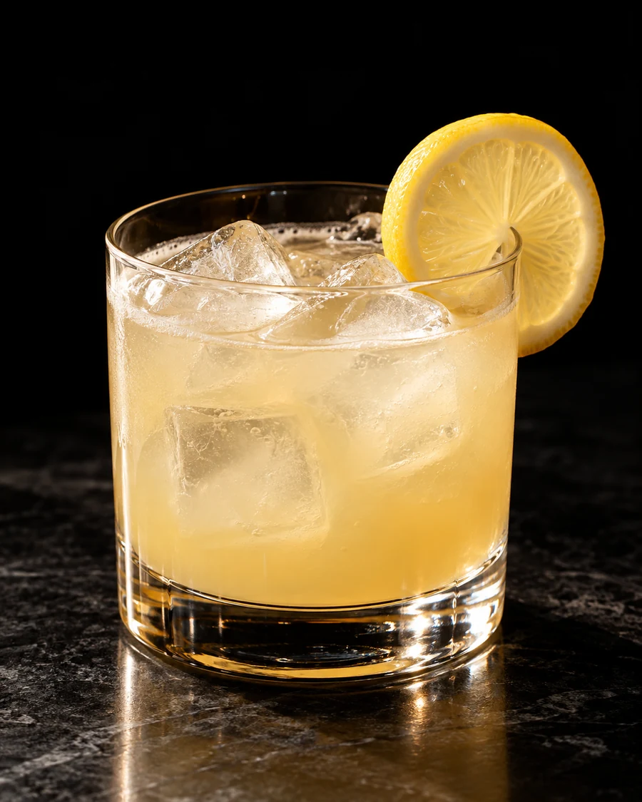 Nippon Daisy. Rocks glass, fresh cubed serving ice, cloudy pale gold citrus body and lemon wheel.