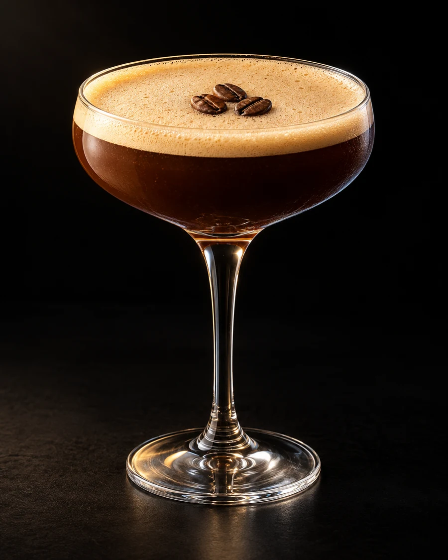 Non-Alc Almond Espresso Martini in a coupe, serve without ice, with Three coffee beans, against a black background.