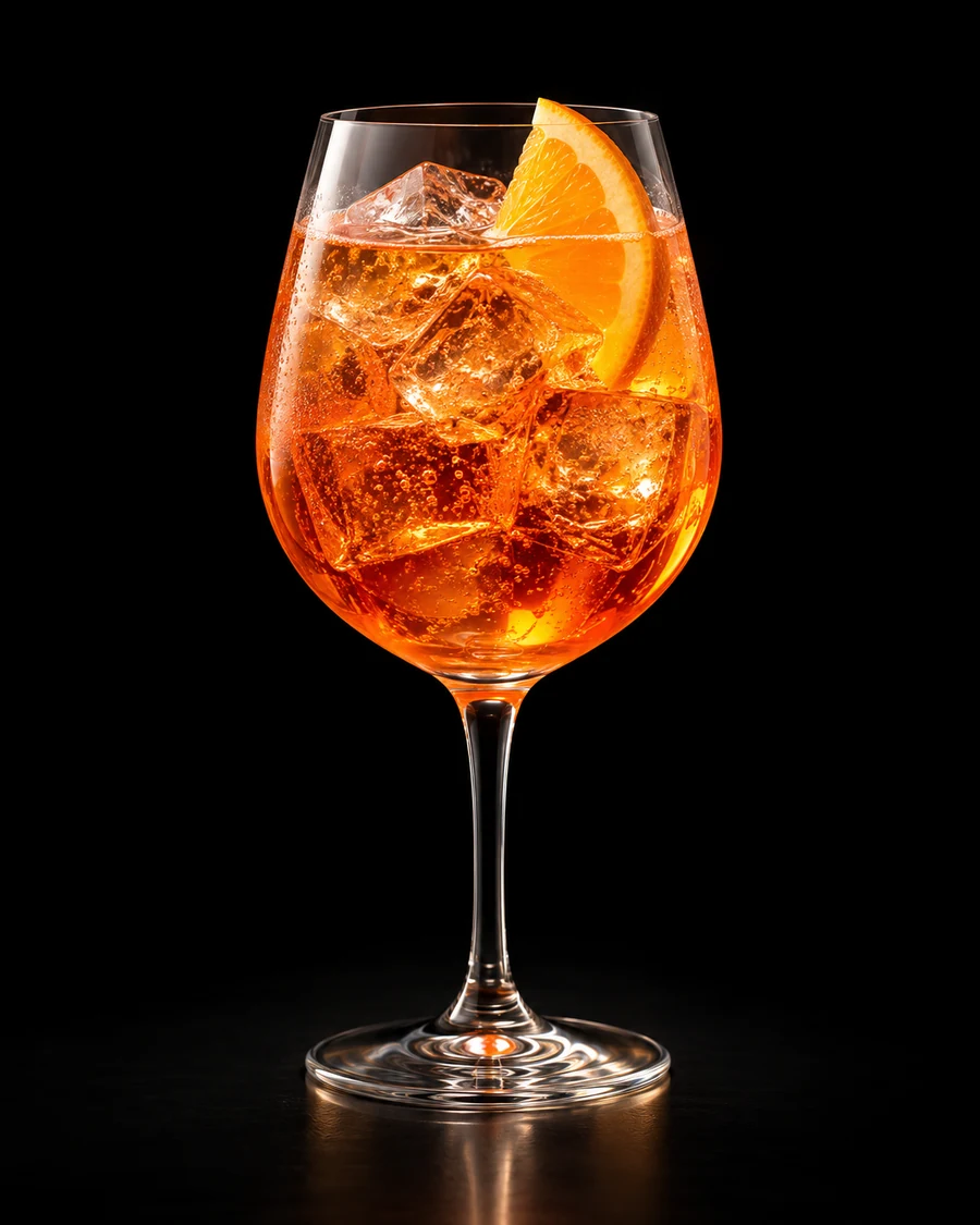Non-Alc Amalfi Spritz in a wine, fresh cubed ice for service, with Orange slice, against a black background.