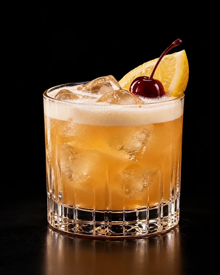 Non-Alc Amaretti Sour in a rocks, fresh cubed ice for service, with Lemon wedge and cocktail cherry, against a black background.