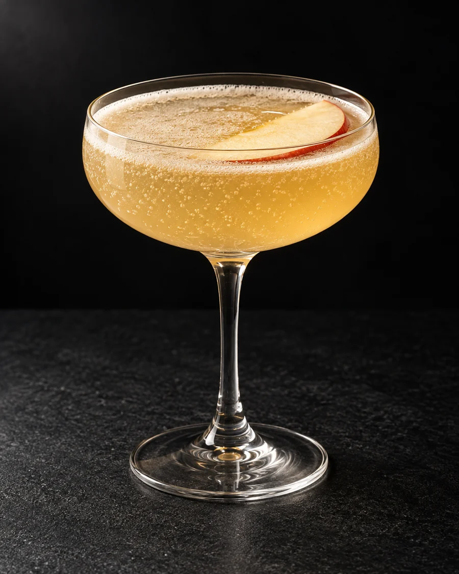 hazy pale golden Non-Alc Autumn Fizz in a coupe without ice, with a thin apple slice and fine bubbles.