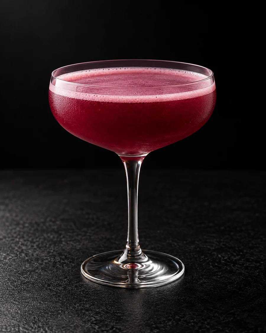 deep magenta-red Non-Alc Blackberry Valentine in a large coupe without ice or garnish.