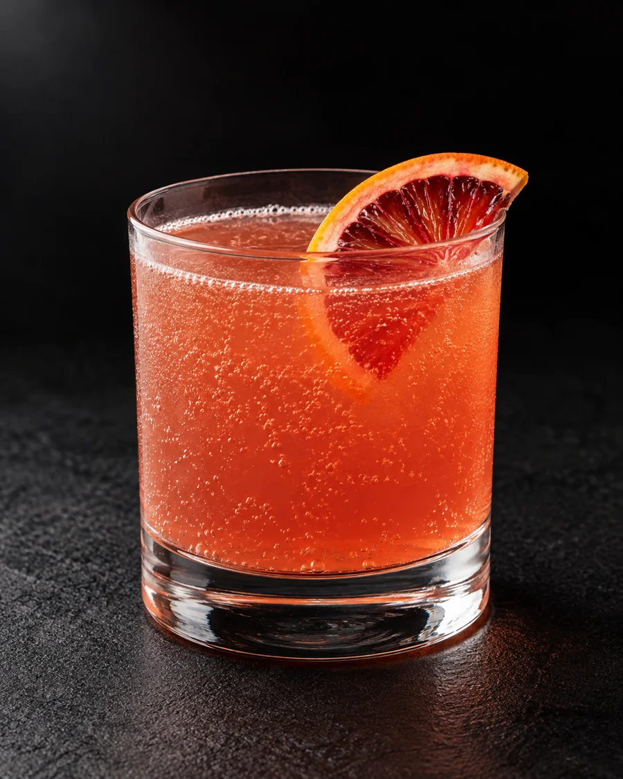 pale ruby-orange Non-Alc Blood Orange Sparkler in a large rocks glass without ice, with fine bubbles and half a blood orange slice.