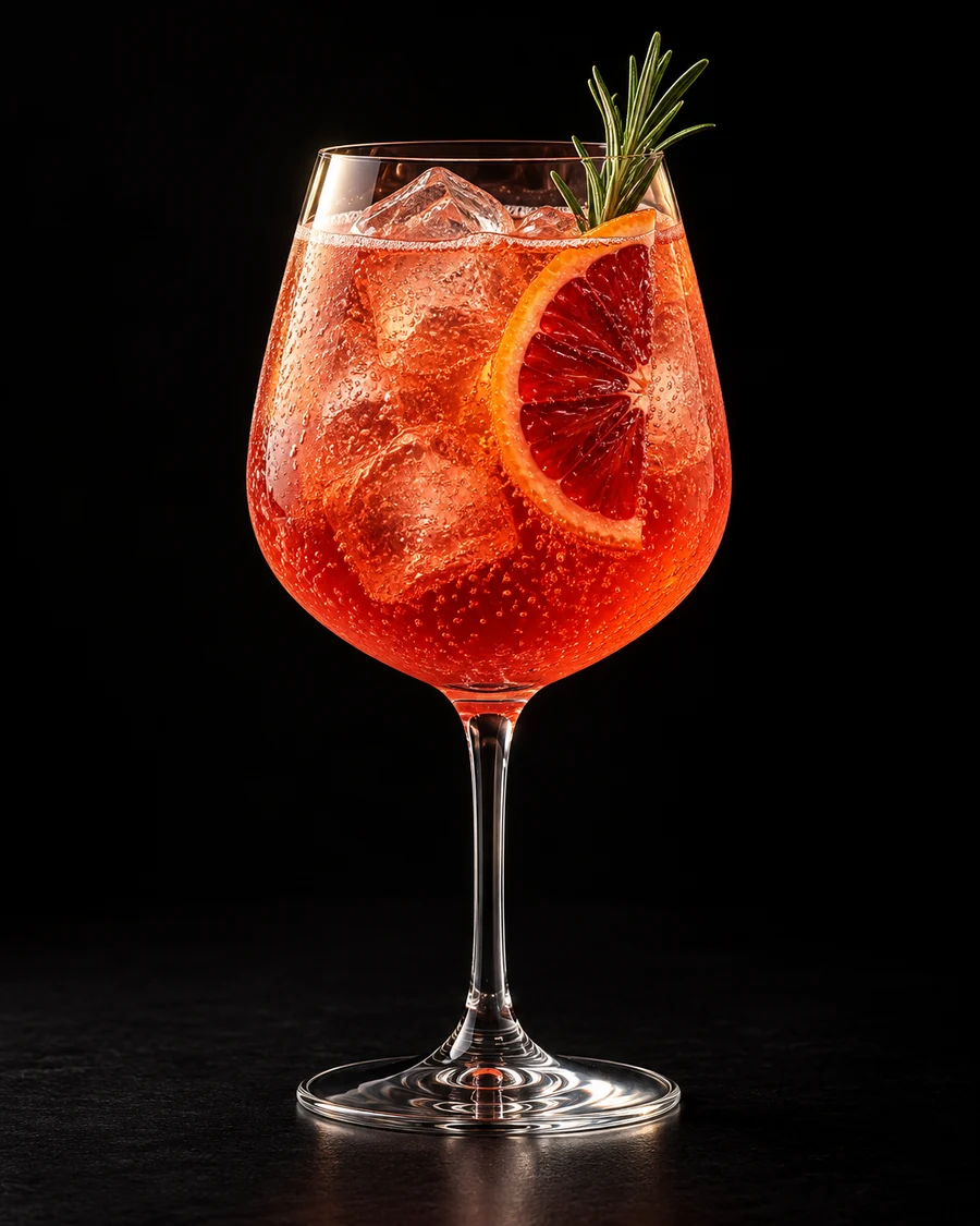 Non-Alc Blood Orange Spritz in a wine, fresh cubed ice for service, with Blood orange slice and rosemary sprig, against a black background.