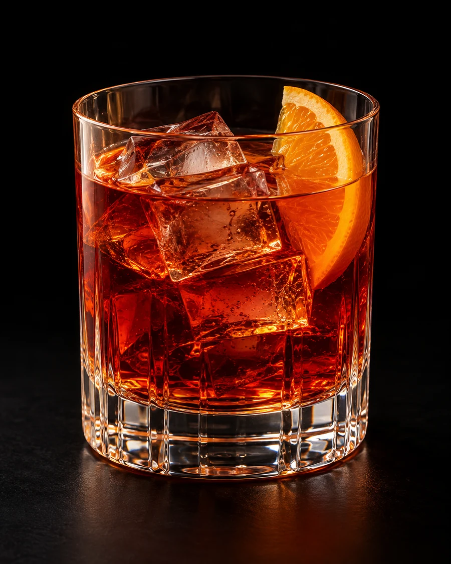 Non-Alc Boulevardier in a rocks, fresh cubed ice for service, with Orange slice, against a black background.