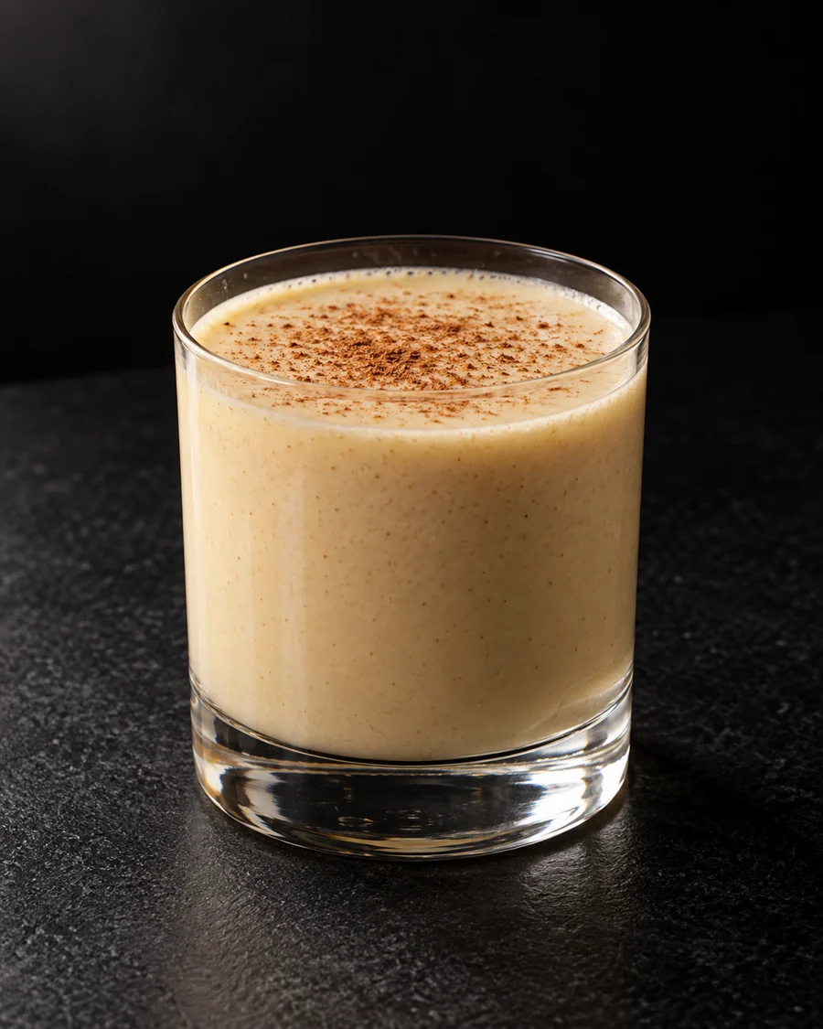 creamy pale beige Non-Alc Chai Nog in a large rocks glass without ice, with a light dusting of pumpkin-spice seasoning.