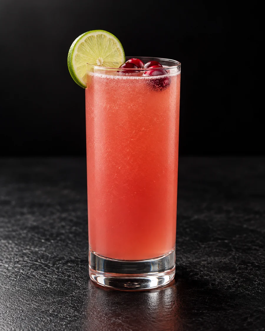 cloudy rosy-pink Non-Alc Christmas Vacation AF in a large highball without ice, with a lime wheel and fresh cranberries.