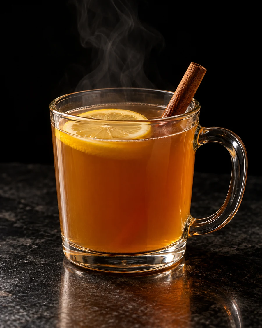 Non-Alc Cinnamon Hot Toddy. Clear heatproof mug with steaming amber tea, a lemon wheel, a cinnamon stick and no ice.