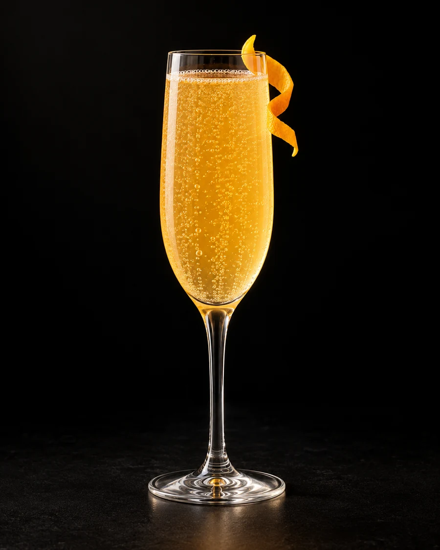 Non-Alc Citrus Fizz in a flute, serve without ice, with Orange zest, against a black background.
