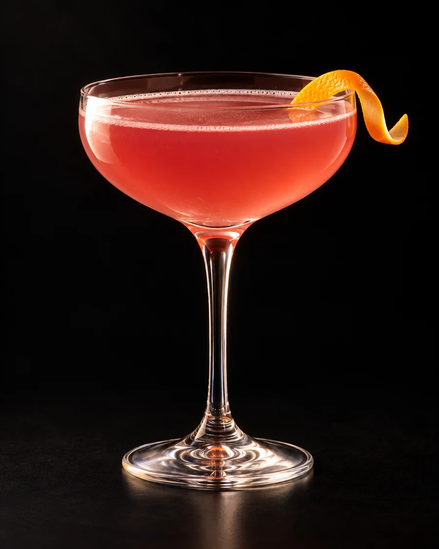 Non-Alc Cosmopolitan in a coupe, serve without ice, with Orange twist, against a black background.